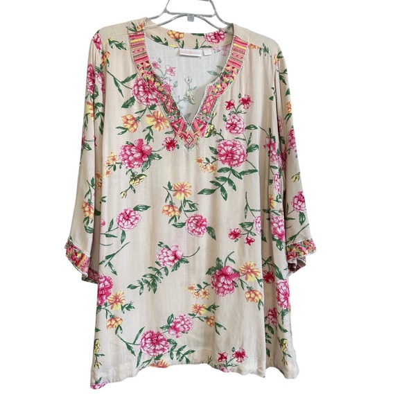 Belle Kim Gravel Tops - Belle Kim Gravel Pink Floral Embroidered V Neck Tunic Top 2X Coastal Travel